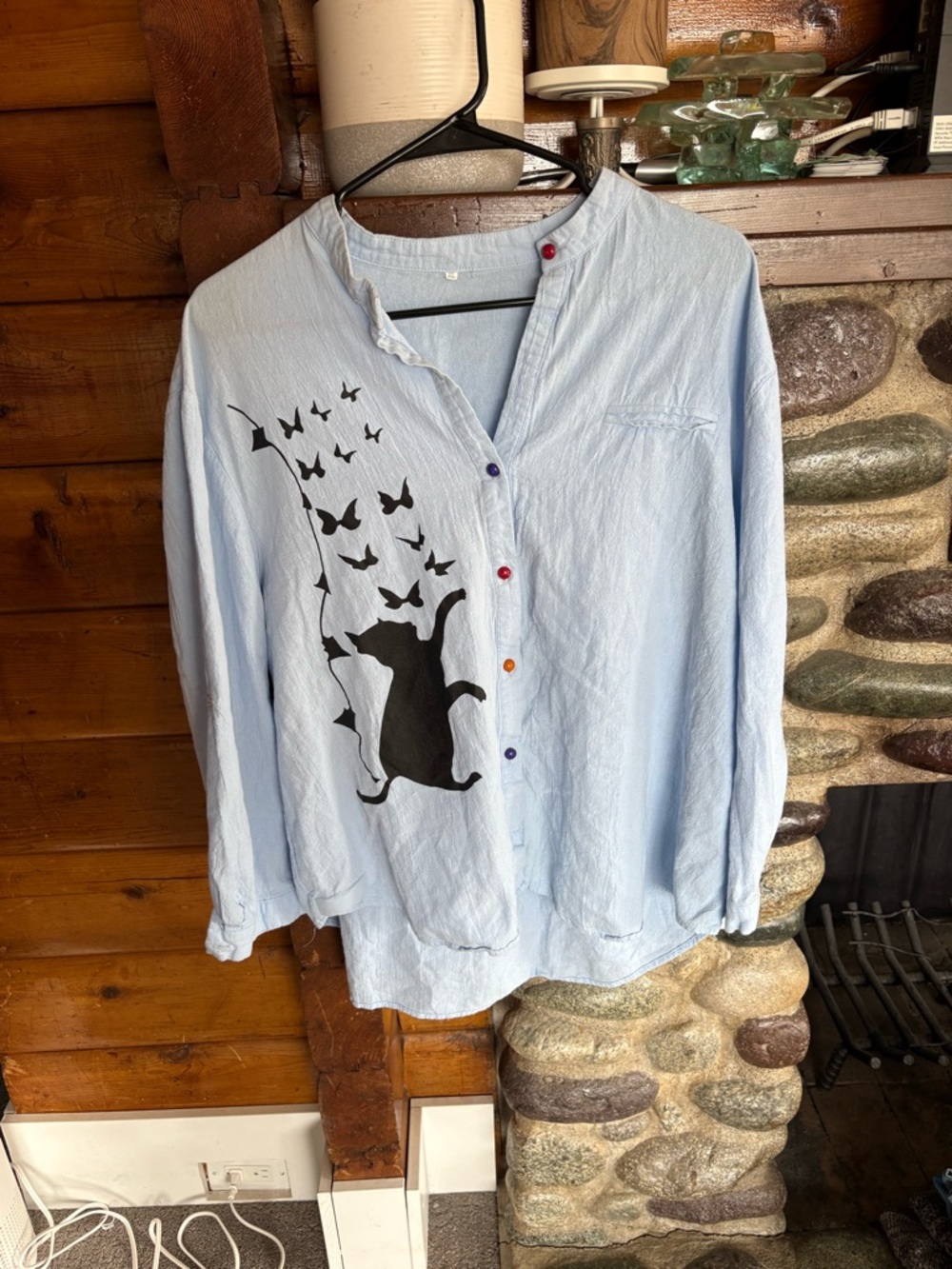 Cat Butterfly Cotton Button-Up Tunic Blue Boho Top